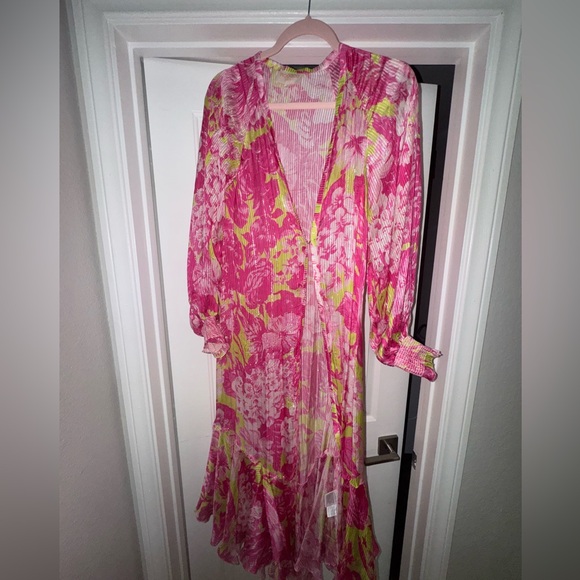 ROCCO SAND ziba coverup kimono neon pink and Green Long floral size XS - Picture 3 of 14